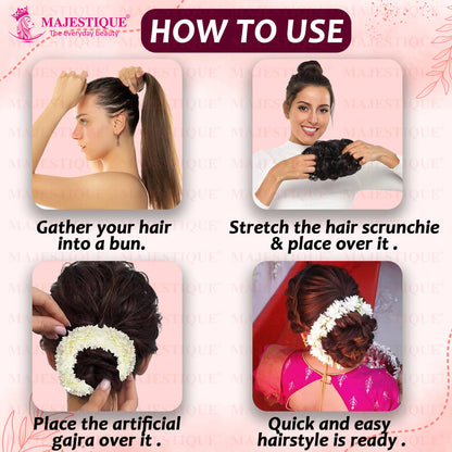 Image 3 of Majestique White Mogra Artificial Flower Gajra & Funky Messy Bun Scrunchies Combo