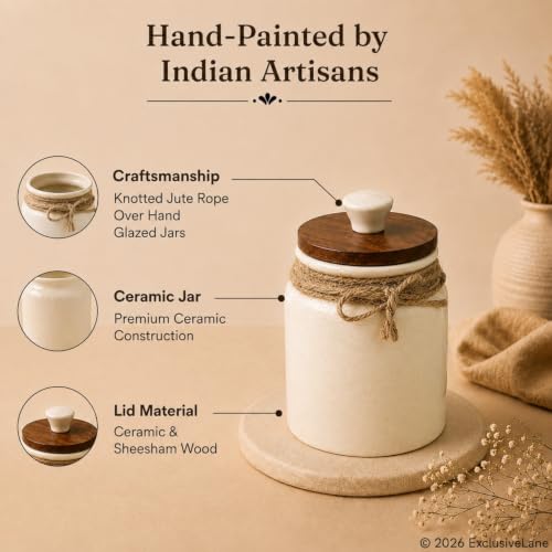 Image 3 of ExclusiveLane Vintage Ivory Multi Utility Storage Ceramic Jars with Wooden Lid Set of 2 410 ml