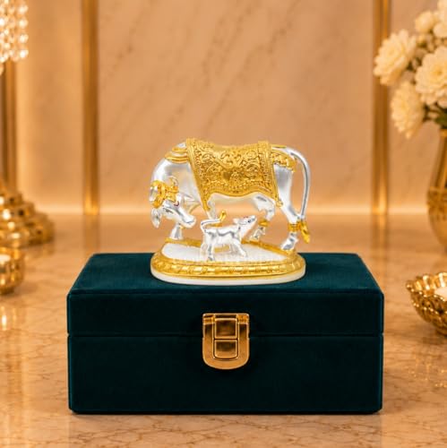 Image 2 of Gold Art India Ganesha Idol for Car Dashboard & Kamdhenu Idol for Vastu Decor (TWOTONEMATTE, Oval)