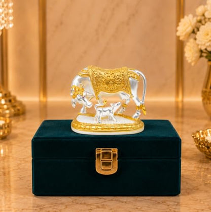 Image 2 of Gold Art India Ganesha Idol for Car Dashboard & Kamdhenu Idol for Vastu Decor (TWOTONEMATTE, Oval)