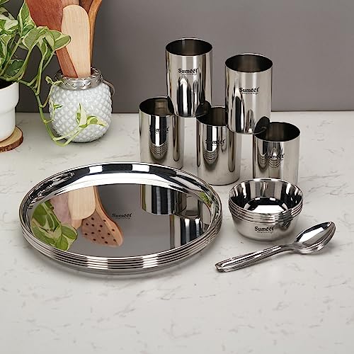 Image 6 of Sumeet Stainless Steel Heavy Gauge Mirror Finish Solid Dinner Set Of 20 Pcs (5 Plate, 5 Bowl/Wati, 5 Glass, 5 Spoon), Silver