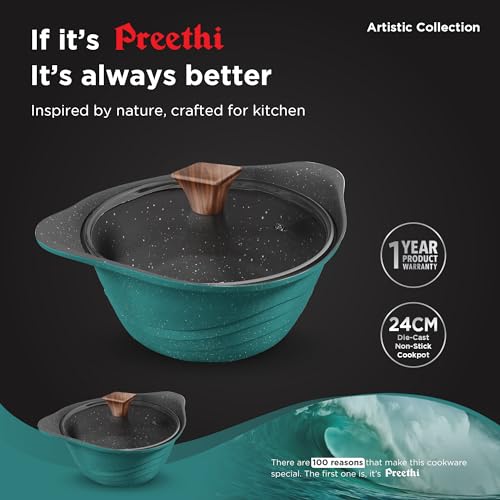 Image 2 of Preethi Artistic Collection Die Cast Non Stick Kadai, 24 cm,with Glass Lid, 5 Star Non Stick Effect, Cook & Serve, Ocean Green