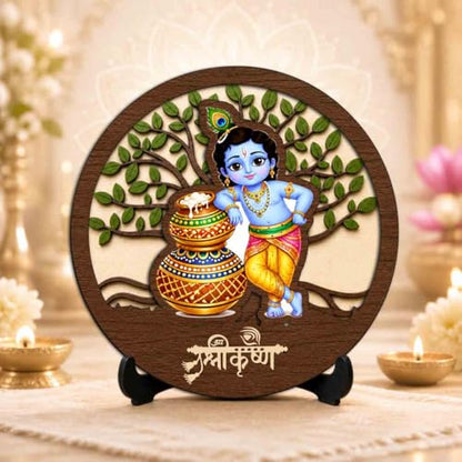 Image 2 of Bal Gopal Round Wooden Devotional Idol with Stand for Puja Room, Home Decor & Religious Gift - 5x5 Inch