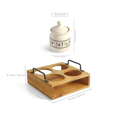 Image 7 of ExclusiveLane Art Of Warli Ceramic Pickle Jars with Wooden Holder Set of 4, 280 ml