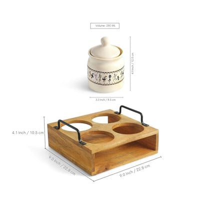 Image 7 of ExclusiveLane Art Of Warli Ceramic Pickle Jars with Wooden Holder Set of 4, 280 ml