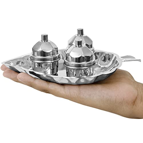 Image 7 of Spillbox Traditional Handcrafted Steel Thali kumkum Plate for Pooja 3 Bowls
