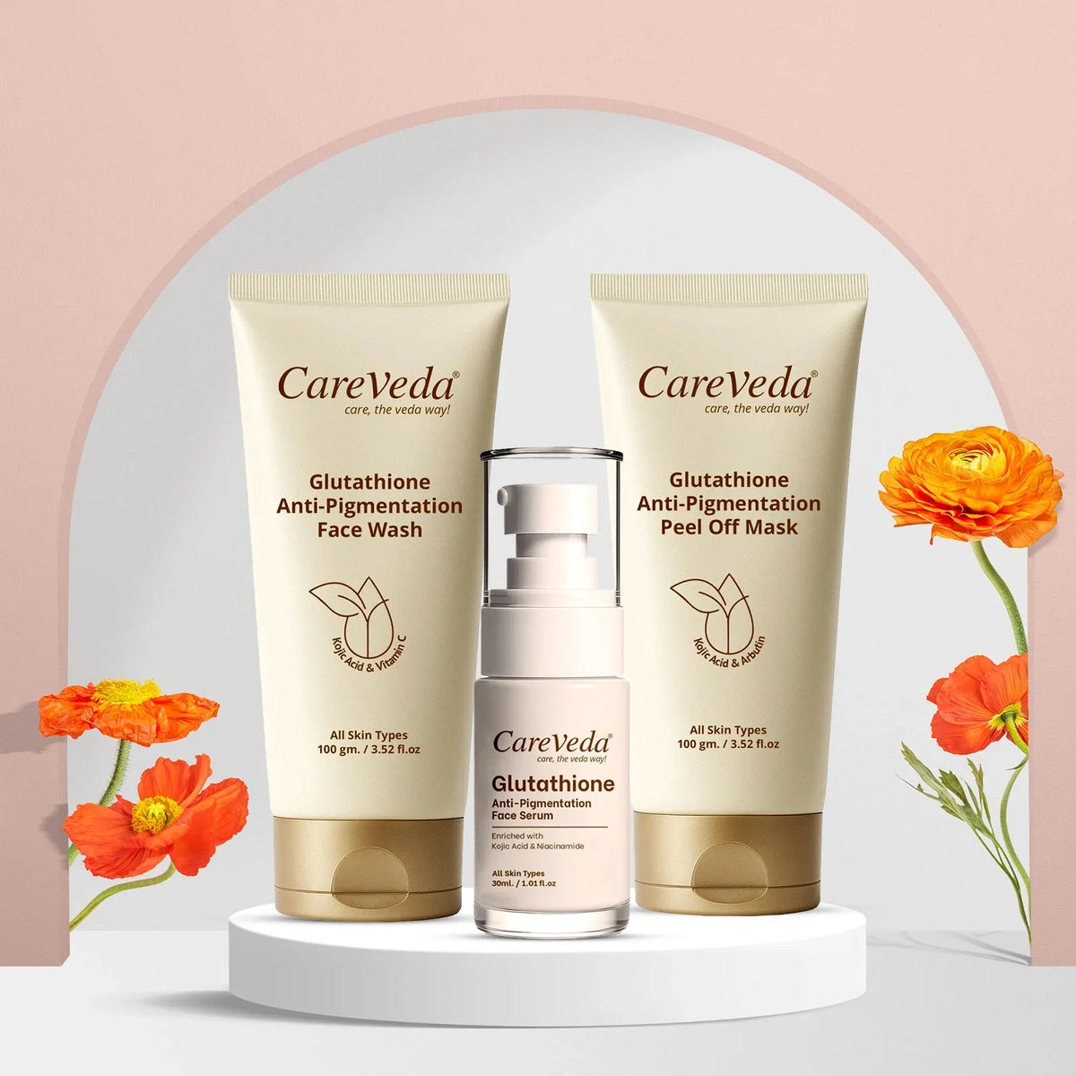 Image 1 of Pack of 1 for the product CareVeda Glutathione Skin Care Set of 3 | Face Wash & Peel off Mask, Face Serum for Bright, Even-Toned Skin | Anti-Pigmentation & Glow Boost | For Men & Women