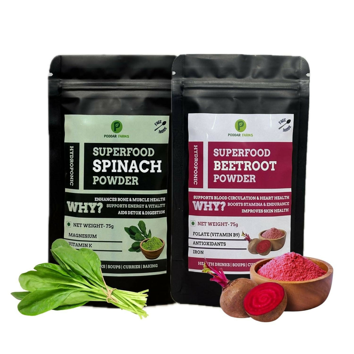 Image 1 of combo for the product Poddar Farms Premium Beetroot Powder and Spinach Powder Combo