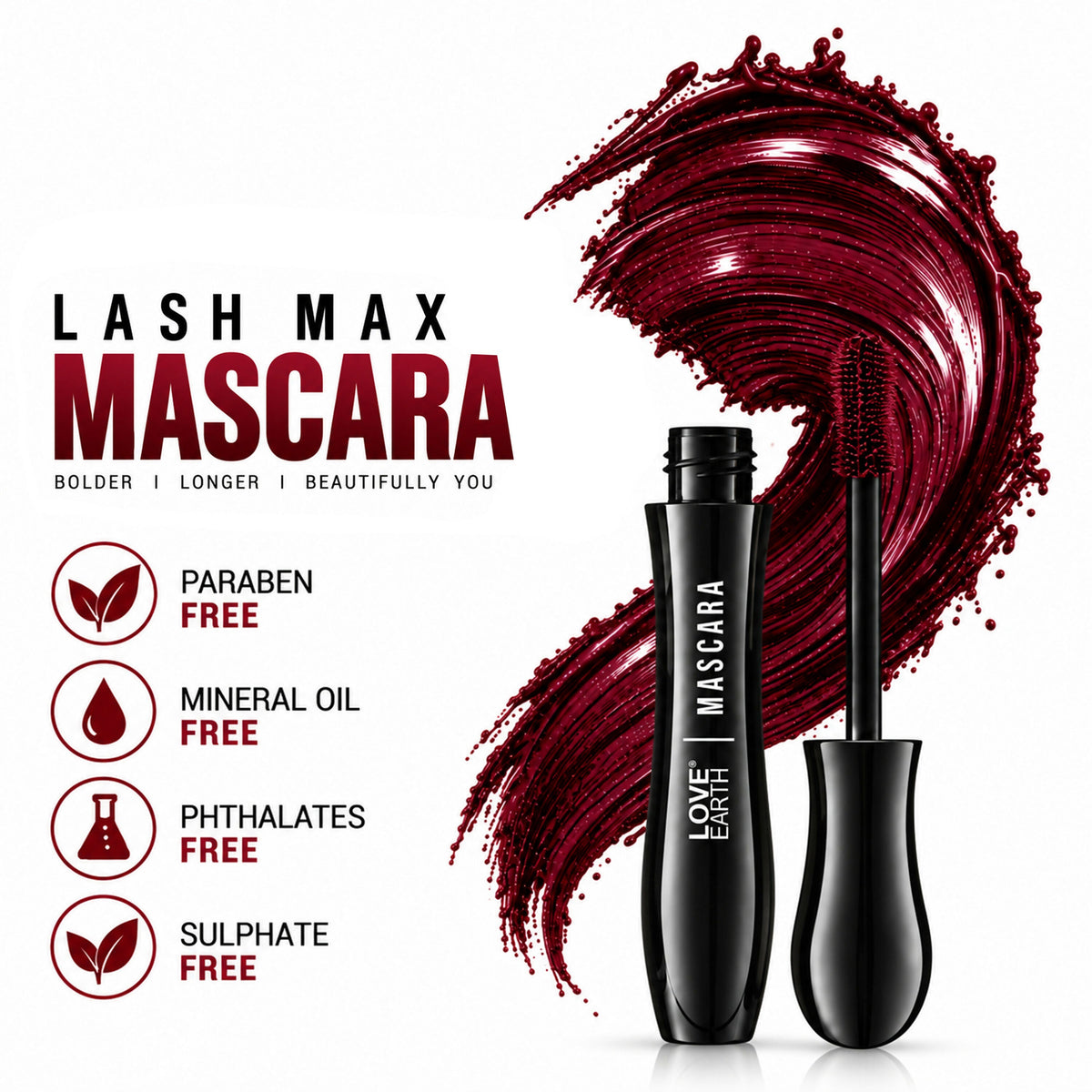 Image 4 of Love Earth Lash Max Mascara - Voluminous Lengthening & Waterproof- Burdundy