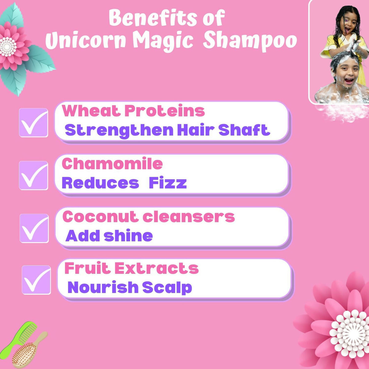 Image 4 of Puddles Organic Playful Shampoo For Kids -Unicorn Magic - Age 2-12 Yrs, Tear-Free, Ph Balanced, Sulfate-Paraben Free