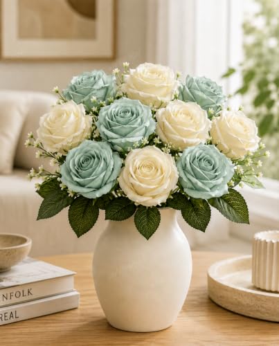 Image 1 of Default Title for the product Divyakosh Artificial Rose Flower Bouquet 10 Rose (5 Sage Green + 5 Ivory White Roses) with Green Leaves | Faux Flowers for Home Decor, Living Room, Office, Bedroom| Vase Not Included