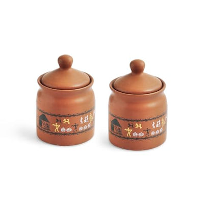 Image 2 of ExclusiveLane Warli Village Tales Handcrafted Ceramic Pickle Jar Set of 2, 250 ML