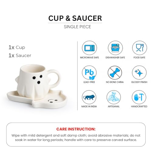 Image 5 of ExclusiveLane 'Ghost Spark' Hand Painted Ceramic Tea Cup with Saucer Ceramic Coffee Cups Chai Tea Cup (Set of 1, 340 ml, Micwave Safe) | Cup and Saucer Set Cup with Saucer