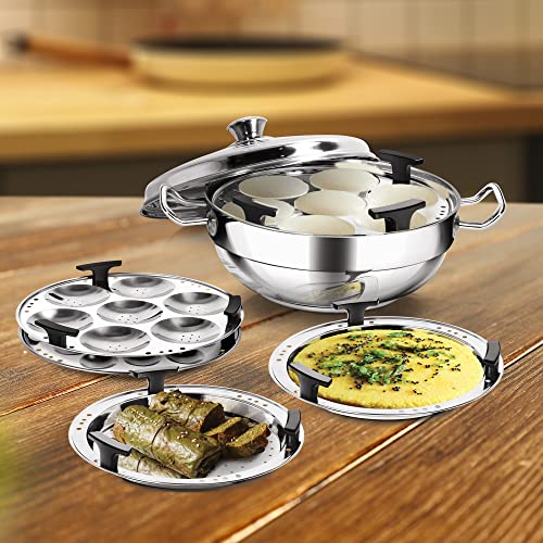 Image 7 of MILTON Pro cook Induction Cookware & Gas Stove Friendly Stainless Steel Idli Cooker 6 Plates | 2 Regular Idli Plates | 1 Mini Idli Plate | 1 Steamer Plate | 2 Dhokla Plates | Multi Kadai Idali Maker