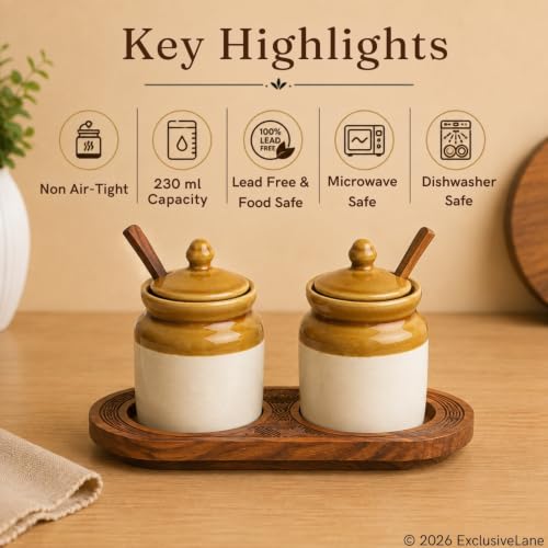 Image 4 of ExclusiveLane Old-Fashioned Ceramic Pickle Jars with Spoons & Tray 230 ml