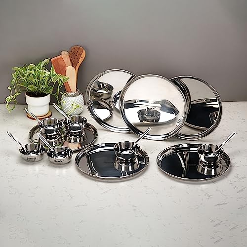 Image 1 of Default Title for the product Sumeet Solid Stainless Steel Heavy Gauge Mirror Finish Dinner Set of 18 Pcs (6 Plate, 6 Bowl/Wati, 6 Spoon), Silver