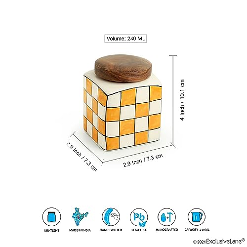Image 6 of ExclusiveLane Shatranj Check Handpainted Multipurpose Storage Ceramic Jar with Wooden Lid 240 ML