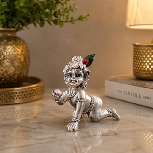 Image 5 of Gold Art India Ganesha Idol for Car Dashboard & Kamdhenu Idol for Vastu Decor (Silver Matte, Oval)