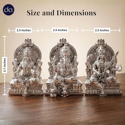 Image 2 of Dev Aastha 999 Silver Plated Lakshmi Ganesh Saraswati Idol for Diwali Decor 3.7 Inch