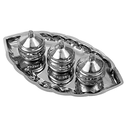 Image 3 of Spillbox Traditional Handcrafted Stainless Steel Thali Kumkum Holder Stand Plate Oval 3 Bowl-Small Leaf- Silver