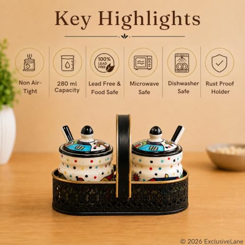 Image 4 of ExclusiveLane The Hut Ceramic Pickle Jars with Spoons & Iron Holder Set of 2 280 ml
