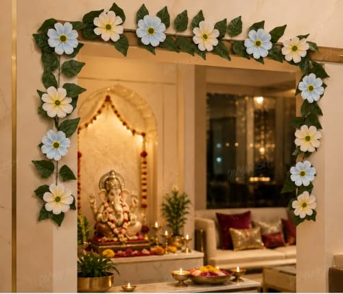 Image 4 of Divyakosh Mango Leaf Vine with White & Blue Cosmos Flowers (6.5 FT) for Door Entrance Deﾌ…or Creeper | Artificial Flowers Garland,Thoran,Festive Puja Wall Hanging for Diwali Navratri Ganpati Home Deﾌ…or