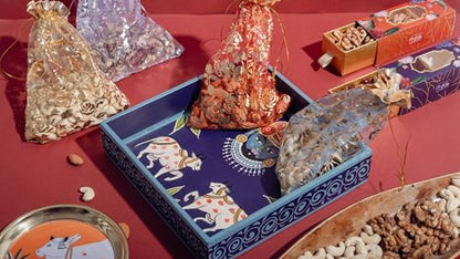 Image 3 of LILA DRY FRUITS Diwali Gift Hamper for Family and Friends with Masala Cashews, Masala Almonds, Salted Pistachios, Dried Cranberries Deepawali Hampers with Wooden Tray for Corporate Giftings 1