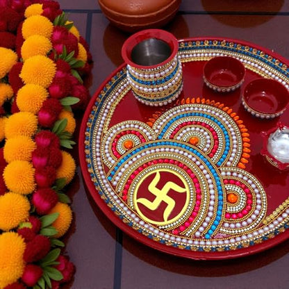 Image 2 of RIA Studio Traditional Swastik Pooja Thali Set 12-Inch Stainless Steel Prayer Plate with Kundan Decoration 5-Piece Hindu Worship Kit