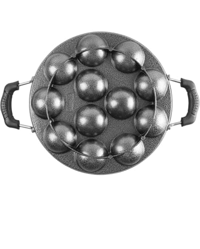 Image 3 of Generic Traditional Non-Stick Appam Patra Pan, 12 Cavity Cast Iron Paniyaram Maker with Stainless Steel Lid, Black, Heavy Duty Handles