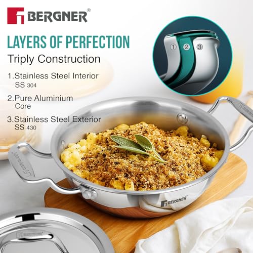 Image 4 of BERGNER Argent Junior Chef Triply Kadai with Stainless Steel Lid, 18cm (1.5 L)