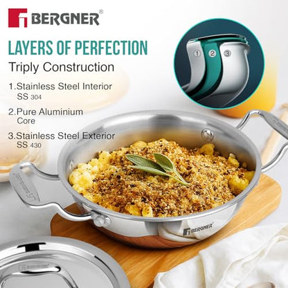 Image 4 of BERGNER Argent Junior Chef Triply Kadai with Stainless Steel Lid, 18cm (1.5 L)