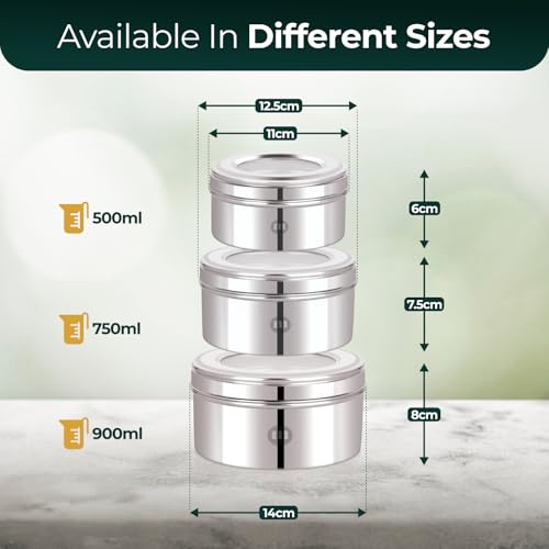 Image 3 of MARU Stainless Steel Dabba Set for Kitchen with Transparent Lids Set of 3 (500ml, 750ml, 950ml)