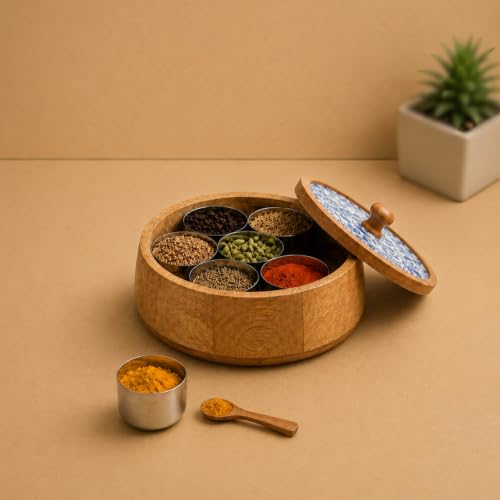 Image 2 of ExclusiveLane Indigo Baagh Wooden Spice Box with Spoon (7 Containers, 130 ml Each)