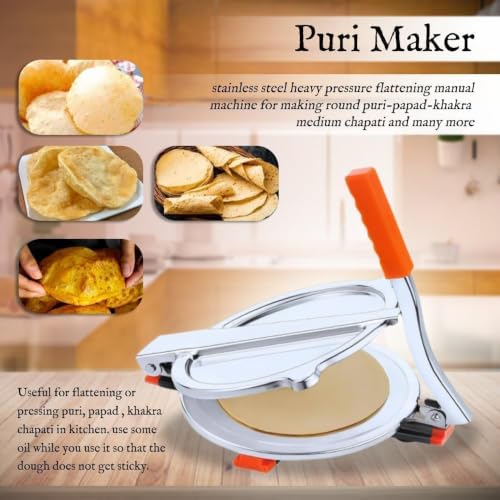Image 4 of 1pc Stainless Steel 6.5 Inch Roti & Puri Maker Press Manual Hand Press Roti Maker with Handle for Chapati, Papad & Khakhra Heavy Duty Cast Iron with Stainless Steel Plates (Pack of 1)