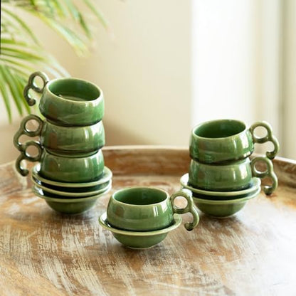 Image 1 of Default Title for the product ExclusiveLane Jade Forest Ceramic Tea Cup and Saucer Set of 6 (120 ml)