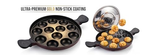 Image 3 of SWIFT Non Stick 12 Cavity Aluminium Appam Patra Ponganal Guntapongadalu Paniyaram Litti Maker with Lid 23 cm Black