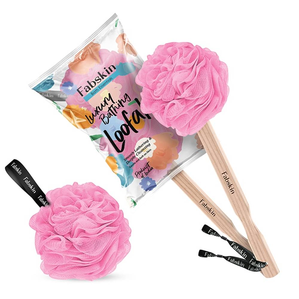 Image 1 of 1 Pc / Pack of 1 for the product Fabskin Loofah Duo Pack - Bath Brush With Wooden Handle & Round Loofah - For Men & Women-Pink