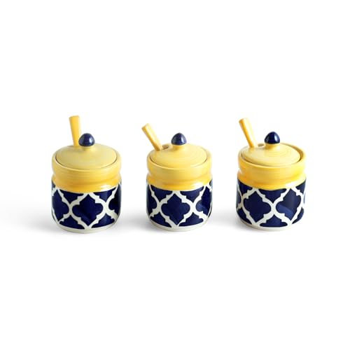 Image 6 of ExclusiveLane 'Moroccan' Ceramic Pickle Jars for Dining Table With Spoon (Set Of 3, Non-Airtight, 310 ml, Multi-Purpose) | Pickle Jar With Spoon Achar Jar Set Achar Container Set for Dining Table|