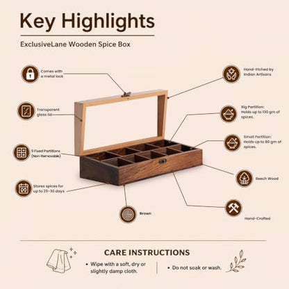 Image 6 of ExclusiveLane Twin Tones Wooden Spice Box for Kitchen with Spoon (9 Fixed Partitions, Beech Wood, 130 & 80 Gm)