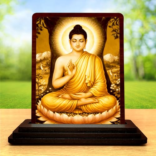 Image 2 of 4x5 Inch Buddha Wooden Idol with HD Print | Golden Glow Desk & Temple Decor
