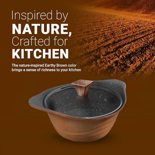 Image 5 of Preethi Artistic Collection Die Cast Non Stick Kadai, 24 cm,with Glass Lid, 5 Star Non Stick Effect, Cook & Serve, Earthy Brown