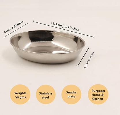 Image 5 of Spillbox Stainless Steel Halwa Plates Quarter Plates Oval Snack Plate Nasta Plate Dessert Plate Set Side Dish Mirror Finish BPA Free 50gm Pack of 2