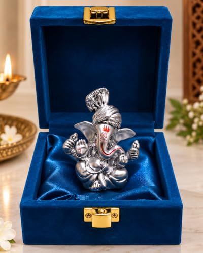 Image 1 of Default Title for the product Gold Art India Ganesha Idol for Car Dashboard & Kamdhenu Idol for Vastu Decor (PAGADI-SIL-ANT-Matte-Velvet, Oval)