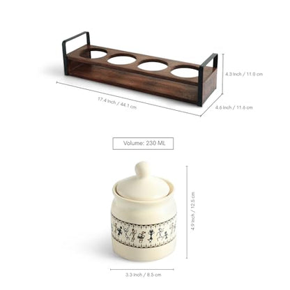 Image 7 of ExclusiveLane Warli Tales Handcrafted Ceramic Pickle Jar With Wooden Tray (Set of 4, 230 ML)
