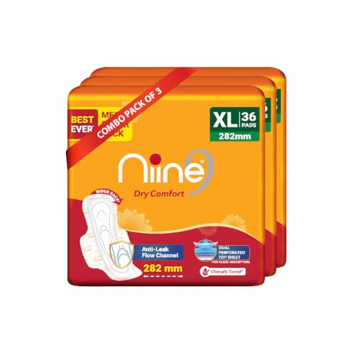 Image 3 of XL Pack of 3 (120 Pads) for the product Niine Dry Comfort XL Sanitary Pads for Women |36 Pads, Pack of 1| 282 mm Long| Fast Absorption| Prevents Wetness & Leakage| Enjoy Leak-free Periods |With Anti-Leak Flow Channel