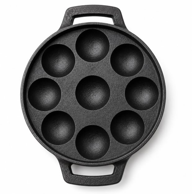 Image 1 of Default Title for the product PRABHAVA TRADERS Pre-Seasoned Cast Iron Appam Maker | 9 Pits Paniyaram/Appe Pan | Ponganalu Maker | Gas Stove & Induction Compatible | Heavy Duty Naturally Nonstick | Round