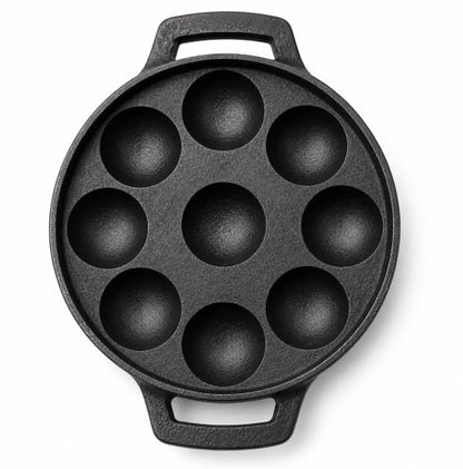 Image 1 of Default Title for the product PRABHAVA TRADERS Pre-Seasoned Cast Iron Appam Maker | 9 Pits Paniyaram/Appe Pan | Ponganalu Maker | Gas Stove & Induction Compatible | Heavy Duty Naturally Nonstick | Round