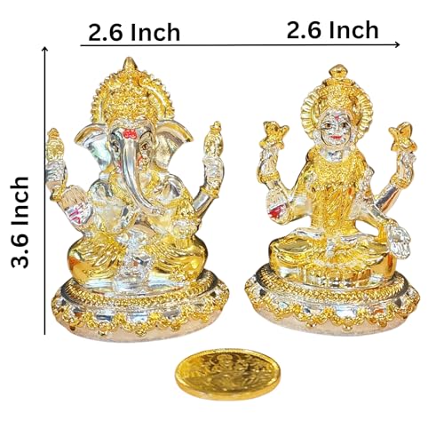 Image 4 of Gold Art India Kamal Laxmi Ganesh Gold & Silver Plated Two Tone Idol for Home With Gold Plated Coin - Diwali Pooja Murti (3.6" Inch)
