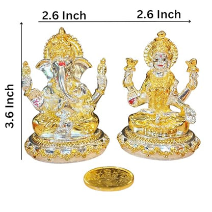 Image 4 of Gold Art India Kamal Laxmi Ganesh Gold & Silver Plated Two Tone Idol for Home With Gold Plated Coin - Diwali Pooja Murti (3.6" Inch)