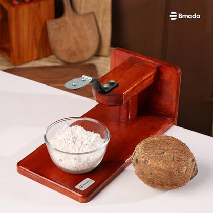 Image 3 of Bmado Traditional Polished Wooden Table-Top Manual Coconut Scraper â€“ Chirava Grater Thengai Thuruvi with Stainless Steel Blade, Comfortable to Use (Weight-1350 Gram)